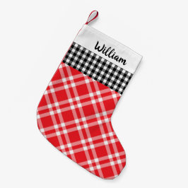 Meia De Natal Pequena Xadrez Rústica Gingham Nome personalizado Preto&Ve