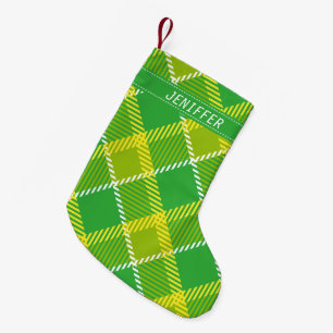 Meia De Natal Pequena Xadrez verde e amarela Monogrammed