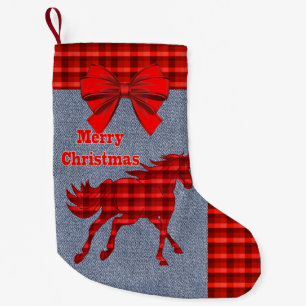 Meia De Natal Pequena Xadrez Vermelha Ocidental Faux Denim