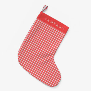 Meia De Natal Pequena Xadrez Vintage Red e White Gingham Personalizada