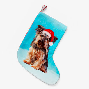 Meia De Natal Pequena Yorkshire Terrier Dog Em Neve Natal Santa Hat