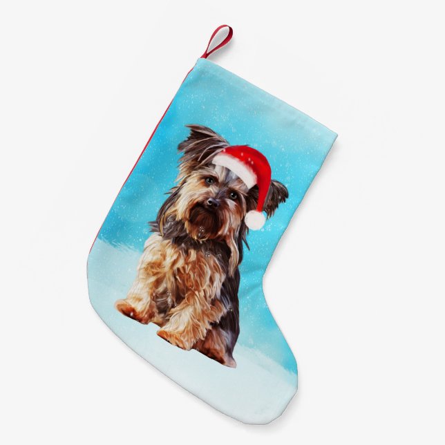 Meia De Natal Pequena Yorkshire Terrier Dog Em Neve Natal Santa Hat (Frente (Pendurada))