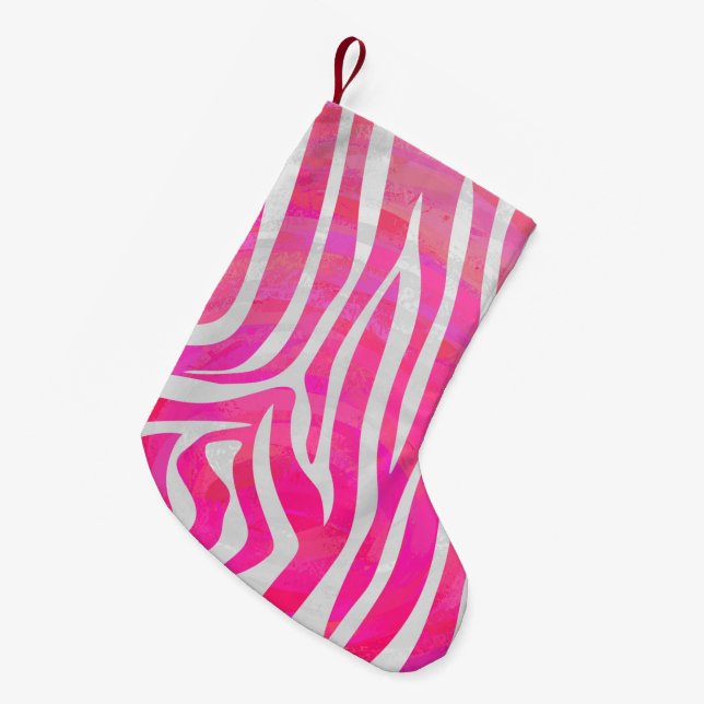 Meia De Natal Pequena Zebra, rosa-quente e Impressão branco (Frente (Pendurada))