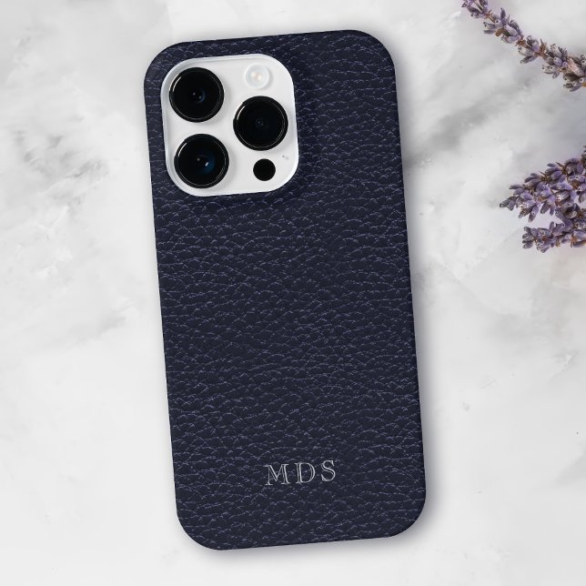 Meia-noite Blue Faux Leather Look Monograma (A classic midnight blue faux leather look phone case with space for your initials)