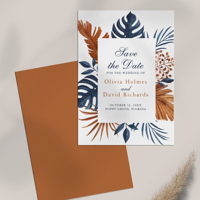 Meia-noite Blue Monstera Salve o Cartão de Data (Midnight Blue Monstera Save the Date Card on white table.
)