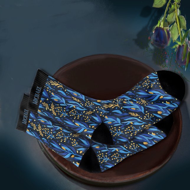 Meias Belo Padrão de Flores Amarelas de Folhas Azuis (Beautiful Blue Leaves Yellow Flowers Pattern Socks)