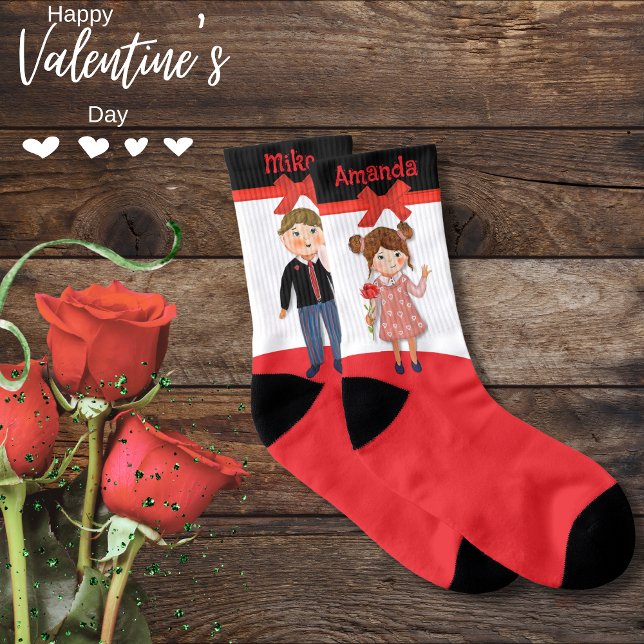 Meias Casal namorados Vermelho Branco Preto Arco Vermelh (Valentine Couple Red White Black Red Bow Socks)
