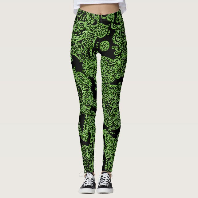 Meias Legging Crânio Verde e Preto (Frente)