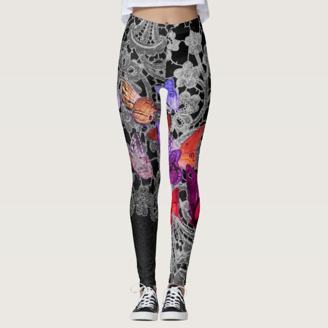 MEIAS LEGGINGS COM PADRÃO DE RENDAS ANTIGAS E BORB (Frente)