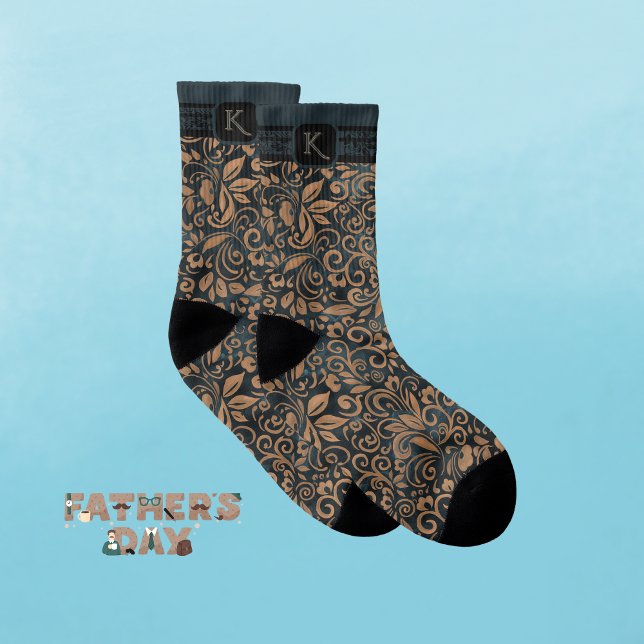 Meias Monograma Floral Elegante Teal e Ouro (Elegant Teal & gold Floral Monogram Socks)