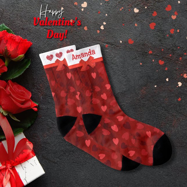 Meias Namorados Red Multi Heart Arco (Valentine Red Multi Hearts Bow Socks)
