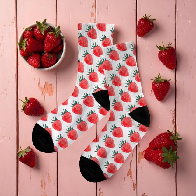 Meias Padrão de Morango de Corante Vermelho Cinto (Cute Red Watercolor Strawberry Pattern Socks)