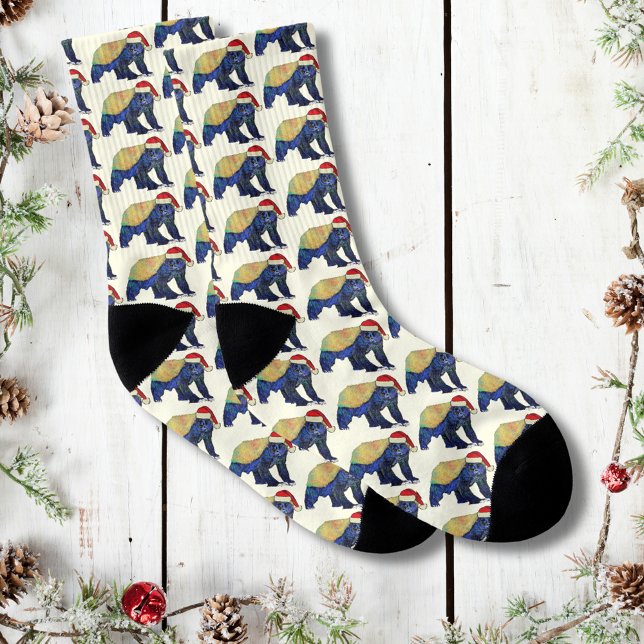 Meias Psicélica Festiva Mel Badger Natal (Christmas honey badger wearing a Santa hat pattern socks badass animal art )