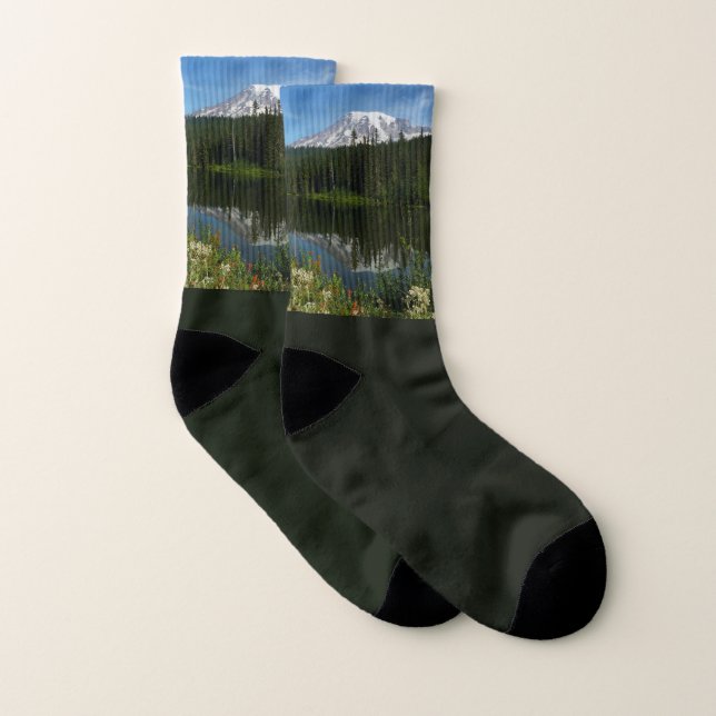 Meias Reflexo do Lago Monte Rainier com Flores Silvestre (Par)