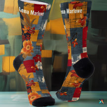 Meias Rústicas Florais de Patches - Vermelho e Mar