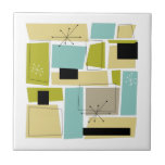 Meio século abstrato Azul Amarelo Quadrado<br><div class="desc">Este azulejo cerâmico moderno do século médio é composto por retângulos aqua azuis, abacado verde, amarelo e abstrato bronzeado, bem como por realces de starbursts em preto e branco. Adicione uma pop de diversão retrógrada à sua decoração!</div>