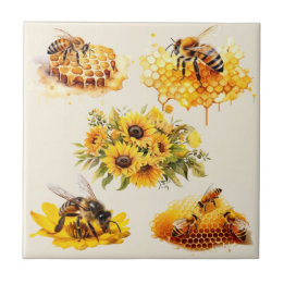 MEL ABELHAS FLORES HONEYCOMB | Azulejo cerâmico