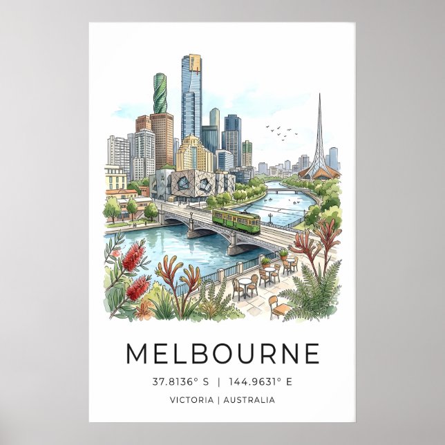 Melbourne Skyline Poster - Hand-Sketched Cityscape (Frente)