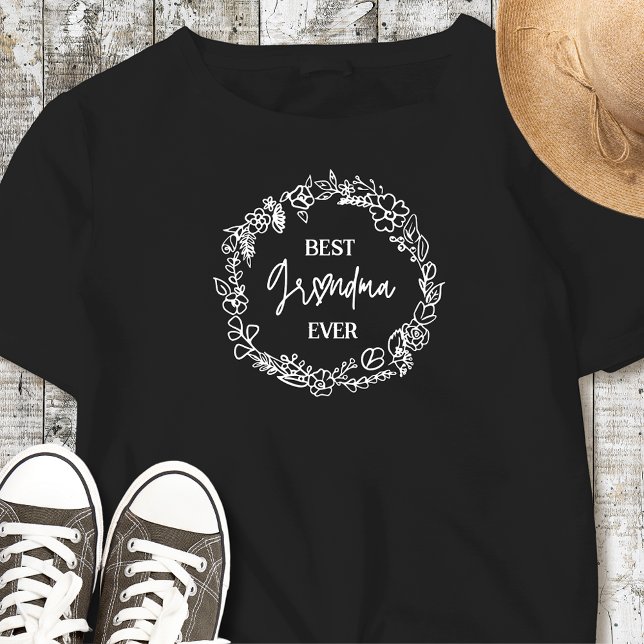 Melhor Avó Alguma Vez Flor Wreath Black T Shirt (Best Grandma Ever Flower Wreath Black T-Shirt Tri-Blend Shirt)