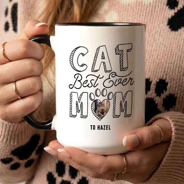 Melhor Mamãe de Gato de Sempre Caneca com Coração  (Best Cat Mom Ever Heart Paw Print Pet Photo Mug)