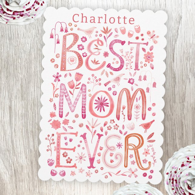 Melhor Placa de Dia de as mães Personalizada Da Mã (Best Mom Ever personalized name Mother's Day card with watercolor hand lettering)