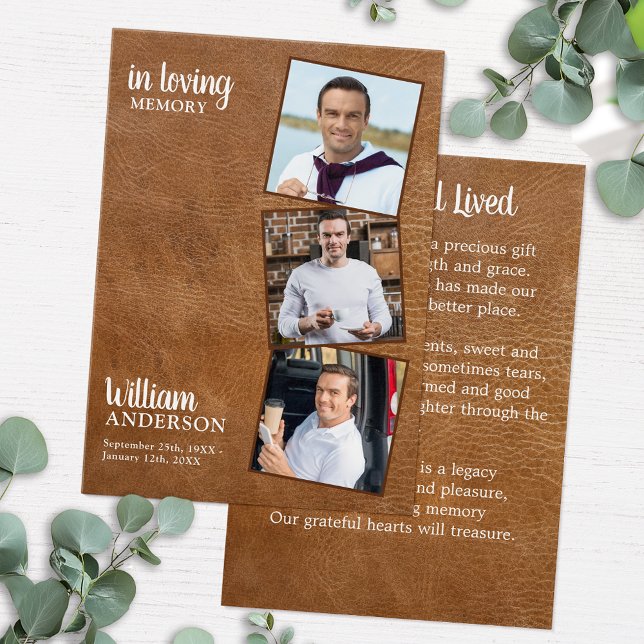 Memorial 3 Photo Leather Funeral Prayer Cards (Criador carregado)