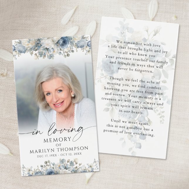 Memorial Blue Floral Photo Funeral Prayer Card (Criador carregado)