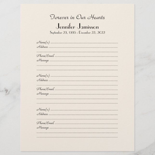 Memorial Book Binder Filler Page, Off White (Frente)