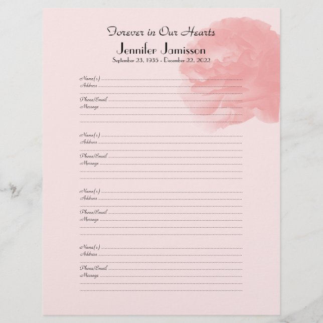 Memorial Book Filler Coral Pink Rose Sign-In (Frente)