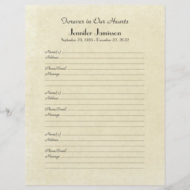 Memorial Book Filler Page, Creme em Papel (Frente)