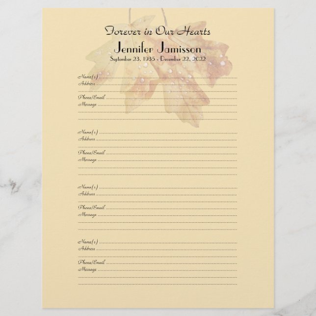 Memorial Book Filler Sign-In Page 4 Names per Page (Frente)