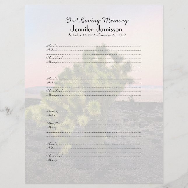 Memorial Book Filler Sign-in Page Joshua Tree (Frente)