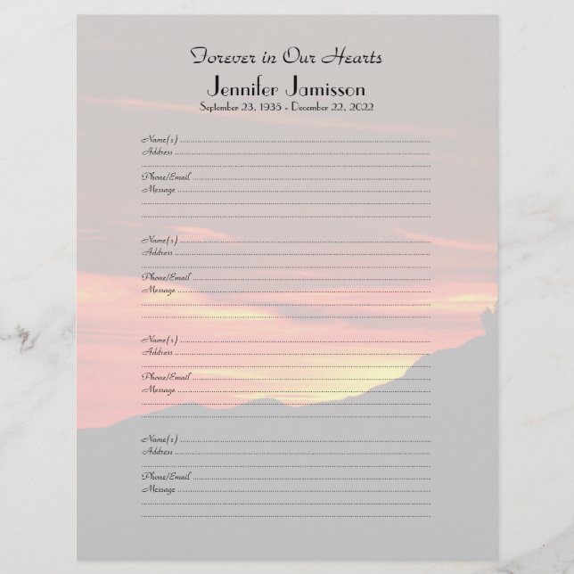 Memorial Book Filler Sign-in Page Kolob Sunset (Frente)