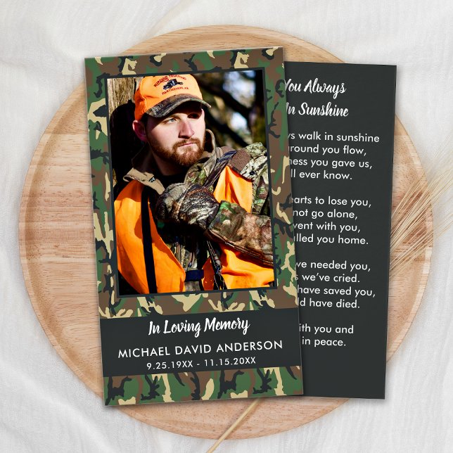 Memorial Camo Photo Sympathy Funeral Prayer Card (Criador carregado)