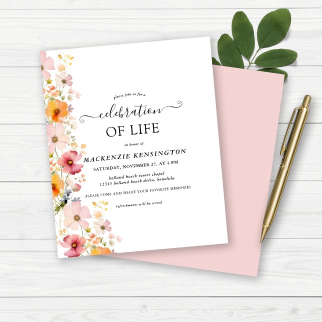 Memorial da Vida em Florestas Selvagens de Orçamen (Budget Wildflowers Celebration of Life Memorial Invitation)