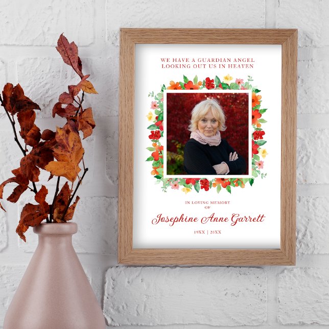 Memorial de Fotografias do Poster Floral Red & Ora (Photo Remembrance Wedding Dear Ones Red and Orange Shades Floral Wreath Poster for Memorial.)