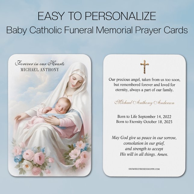 Memorial do Funeral Católico do Bebê - Cartão Sagr (Traditional Catholic Baby Funeral Memorial Prayer Card with Blessed Virgin Mary and Baby )