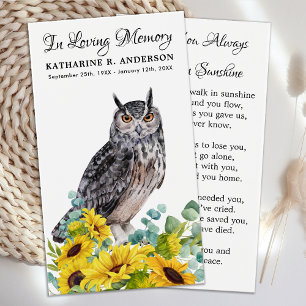 Memorial Funeral Prayer Card Owl Sunflower