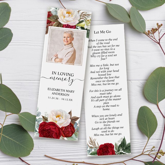 Memorial Funeral Red White Floral Mini Bookmark (Criador carregado)