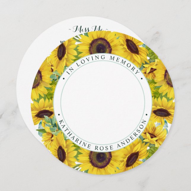 Memorial Funerário Cartão de Oração de Girassol (Frente/Verso)