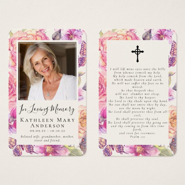 Memorial Photo Floral Funeral Prayer Card (Frente & Verso)