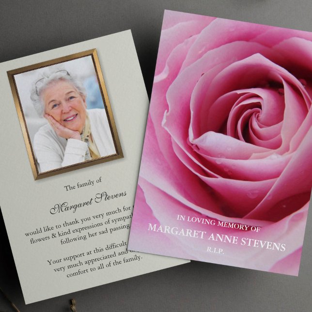 Memorial Photo Sympathy Funeral Cartões de agradec (Pink Sugar Rose Sympathy Memorial Funeral Thank You Card)