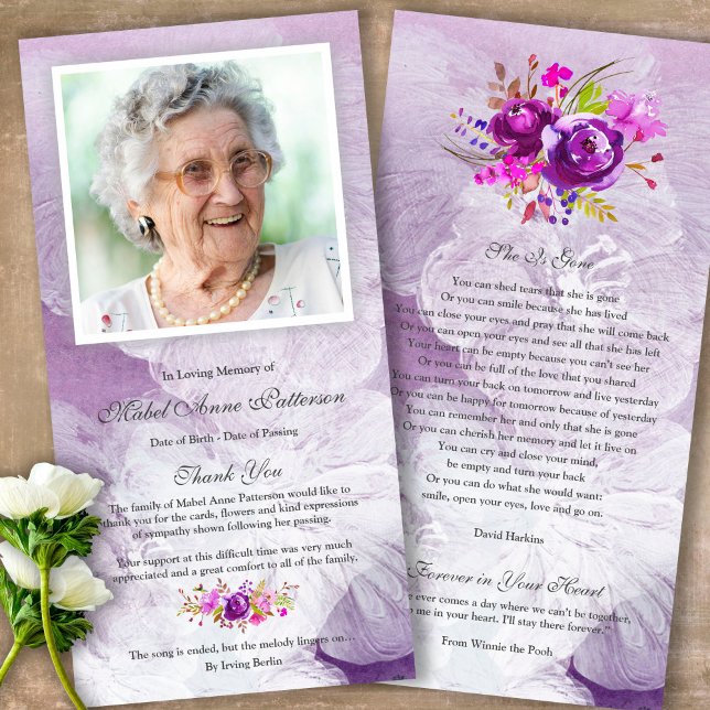Memorial Purple Sympathy Funeral Cartões de agrade (Sympathy Photo Celebration of Life, In Loving Memory, Forever in our Hearts Funeral thank you cards)