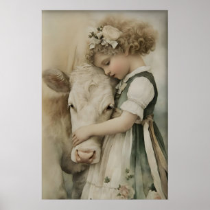 Menina Abraça Vaca Impressão Antiga, Verde Sage Rú