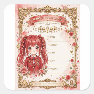 Menina Anime de Cabelo Vermelho Etiqueta Escolar