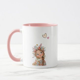 Menina Boho Fofa com Caneca Rosa Coroa de Flores