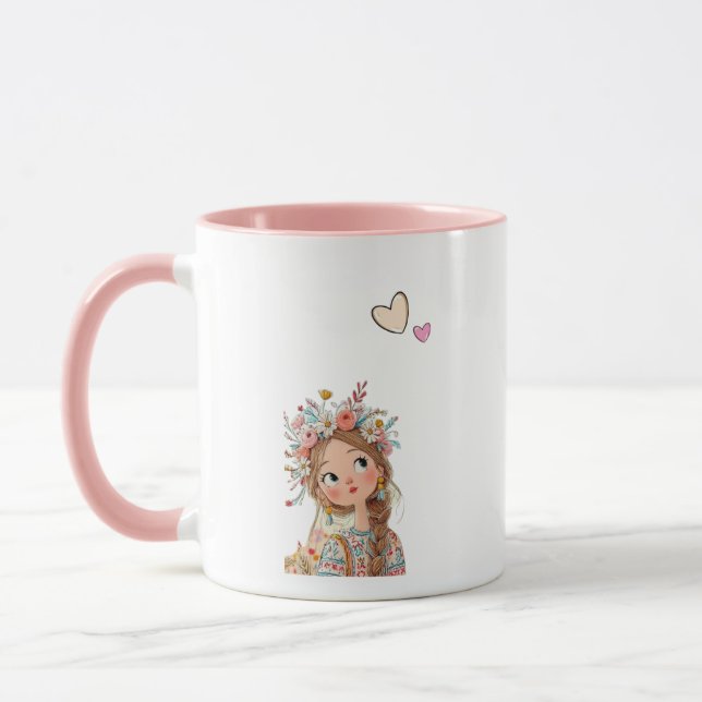 Menina Boho Fofa com Caneca Rosa Coroa de Flores (Esquerda)