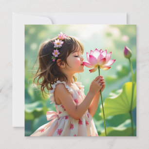 Menina bonito cheirando uma rosa rosa rosa