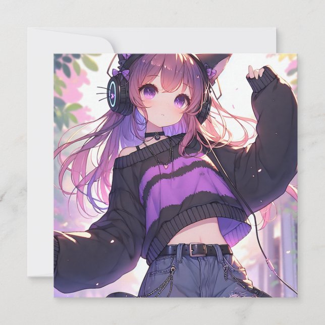 Menina bonito de animação em Fones de ouvido com o (Frente)