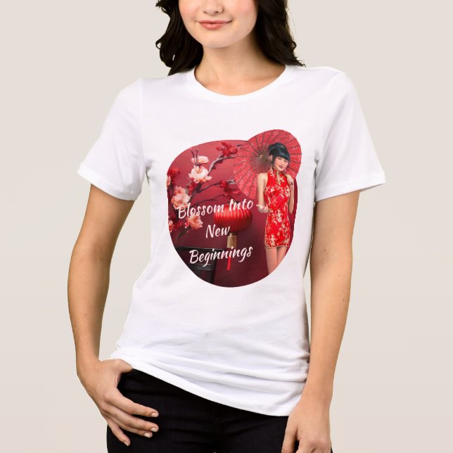 Menina chinesa de ano novo com guarda-chuva vermel (Frente)